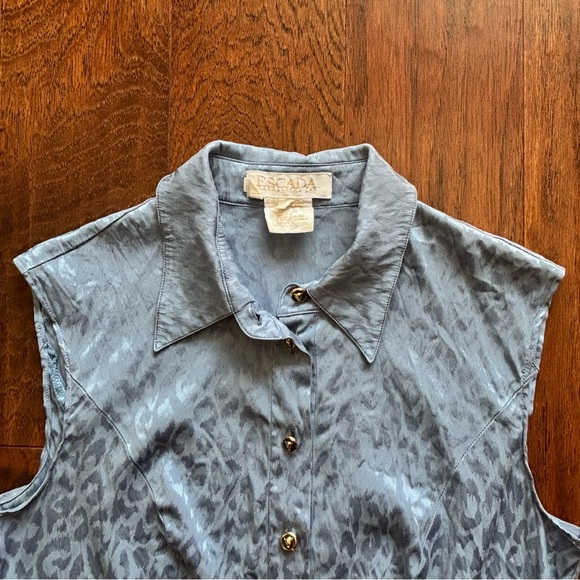 Vintage Escada Blue Silk Cheetah Sleeveless Button Down Top | Size 36 - Picture 4 of 7